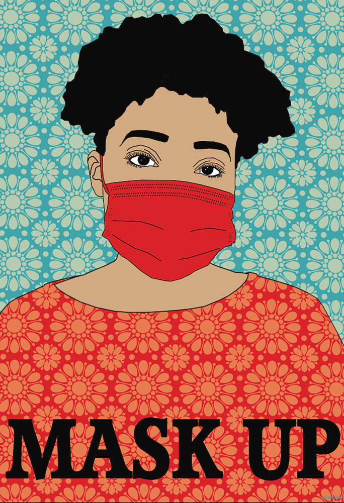 African American woman wearing red face mask to protect herself and others